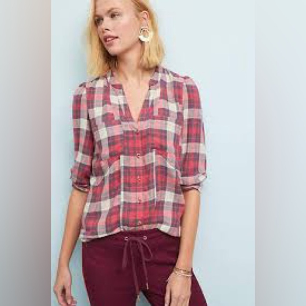 Anthropologie Medford Plaid Flannel Tunic Shirt in Red Grey Size 12 Soft Comfy